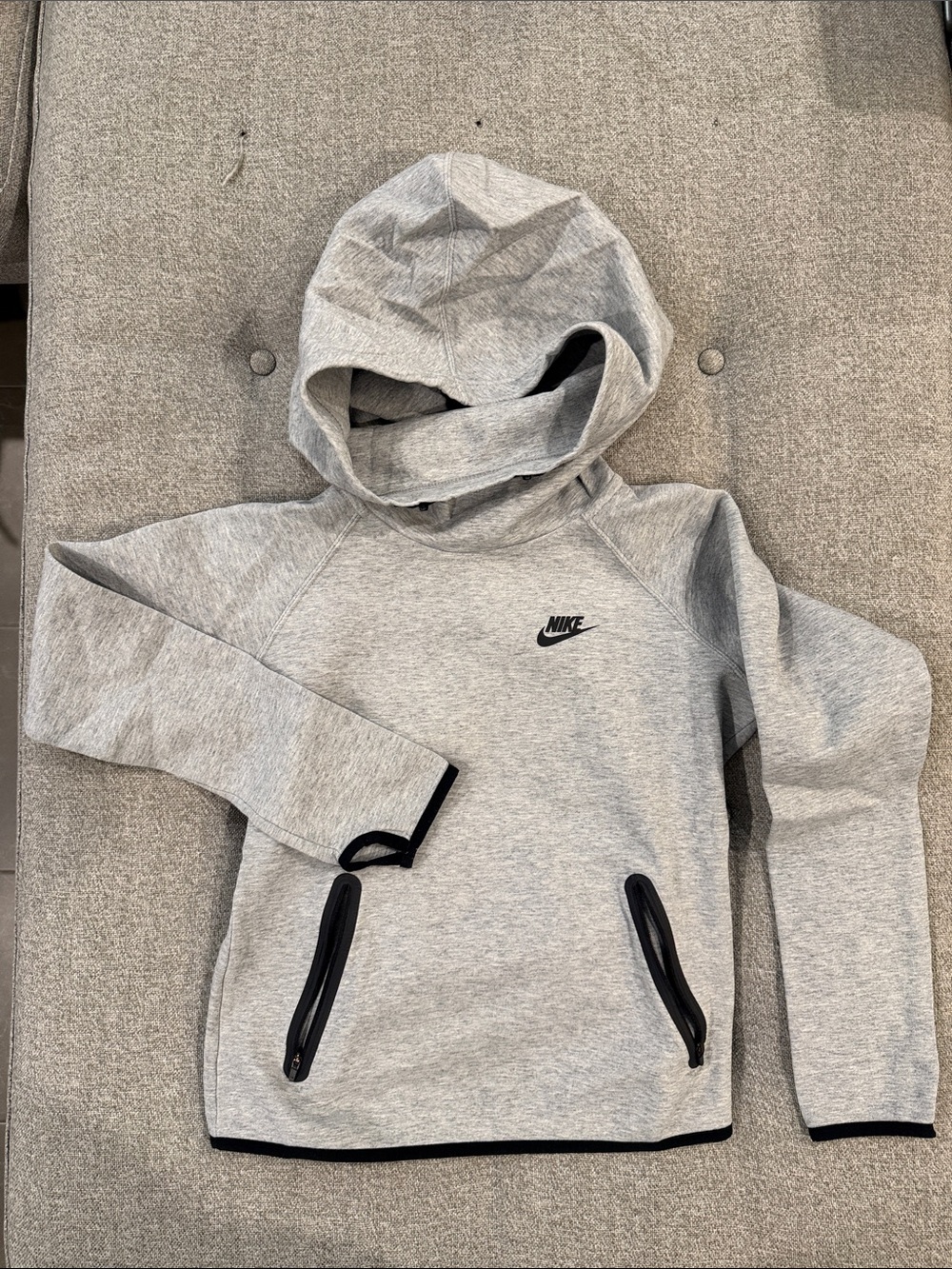Nike Light Gray Hooded Pullover Sweatshirt with Black Zip Accents